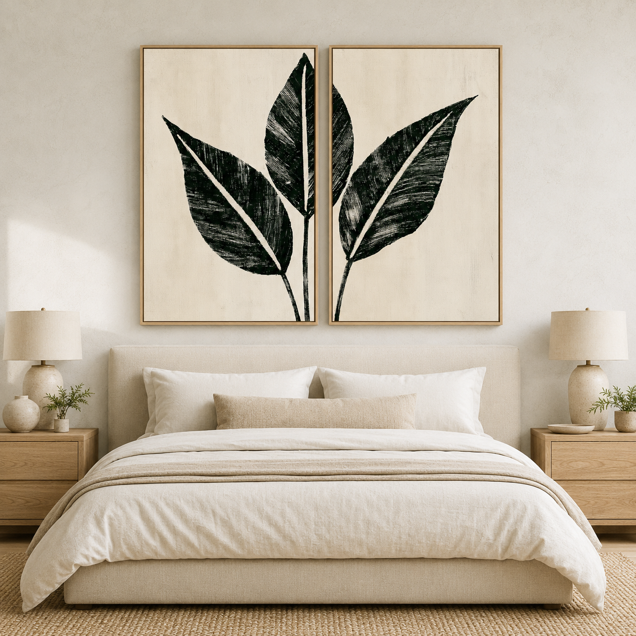 Palm leaf wall art set of 2 in bold black ink above a bedroom bed – Charcoal Grove by Rossetti Art