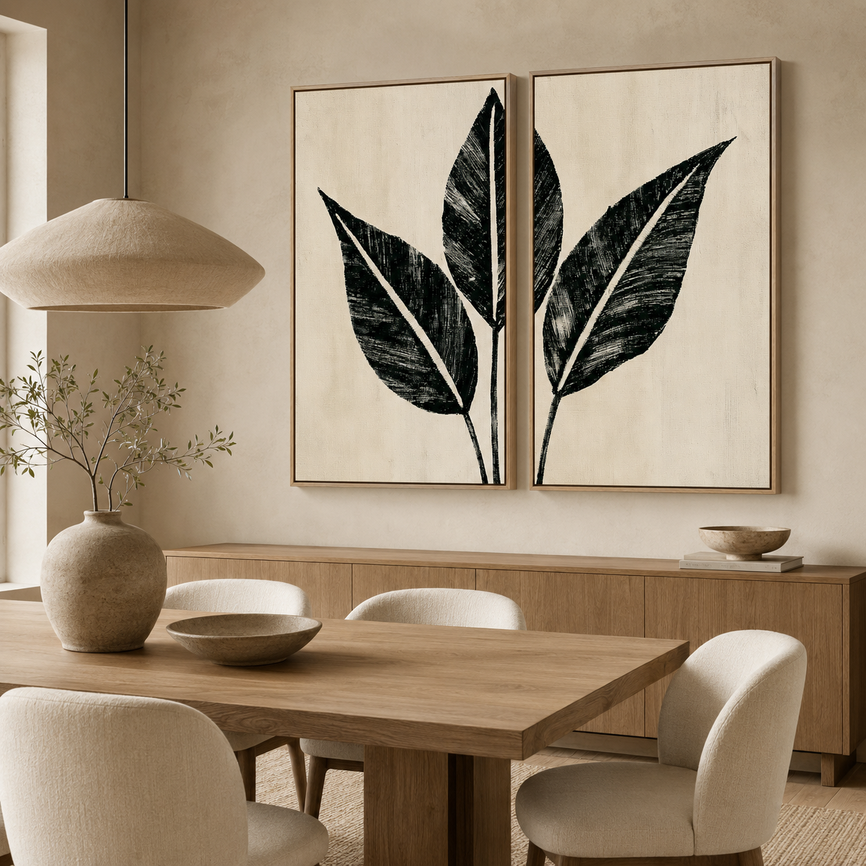 Palm leaf wall art set of 2 in bold black ink above a dining room sideboard – Charcoal Grove by Rossetti Art
