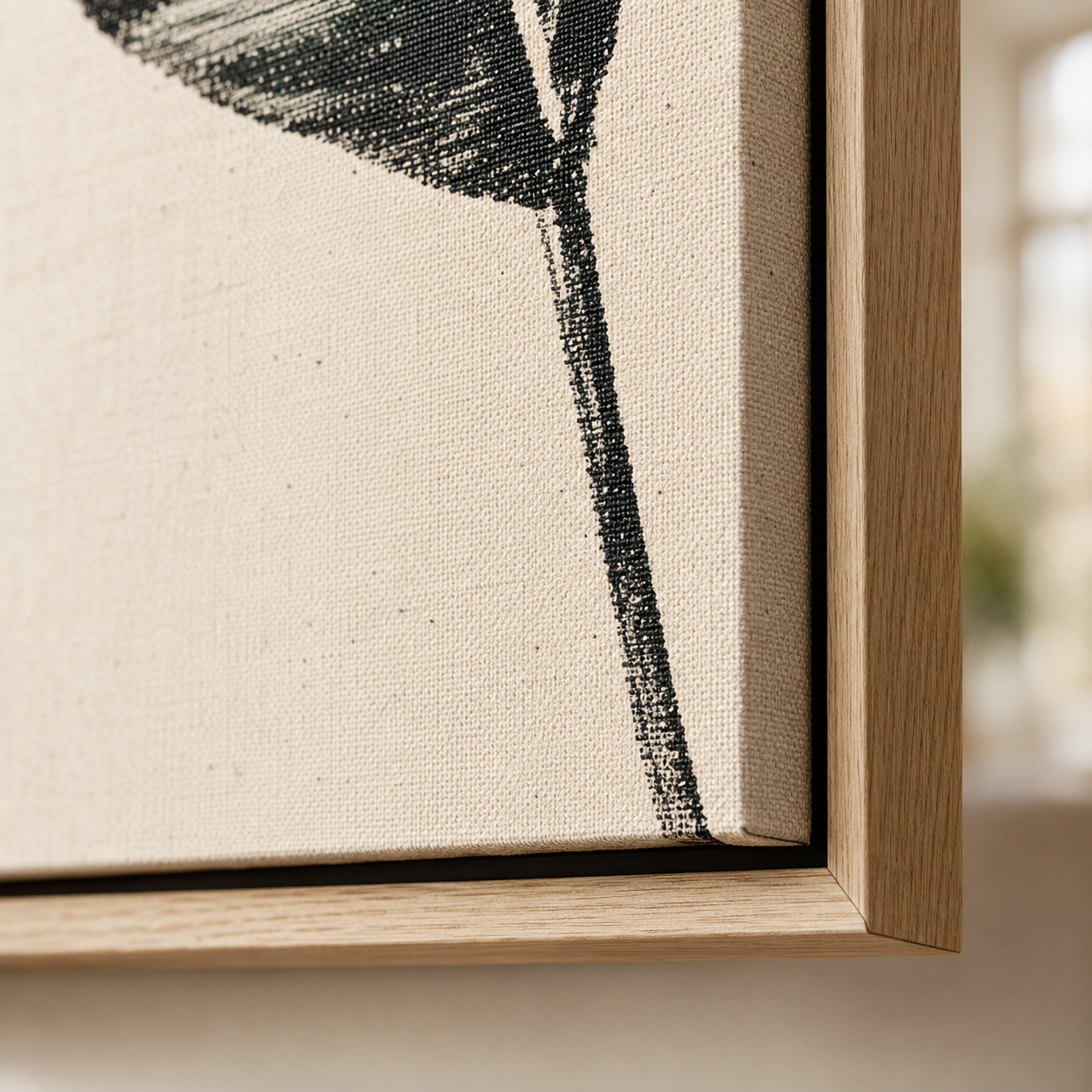 Palm leaf wall art canvas texture and oak floater frame corner detail – Charcoal Grove by Rossetti Art