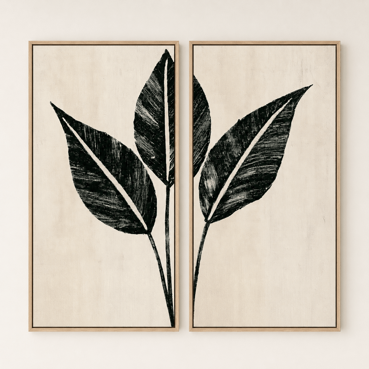Palm leaf wall art two-panel diptych in bold black ink on cream canvas – Charcoal Grove by Rossetti Art