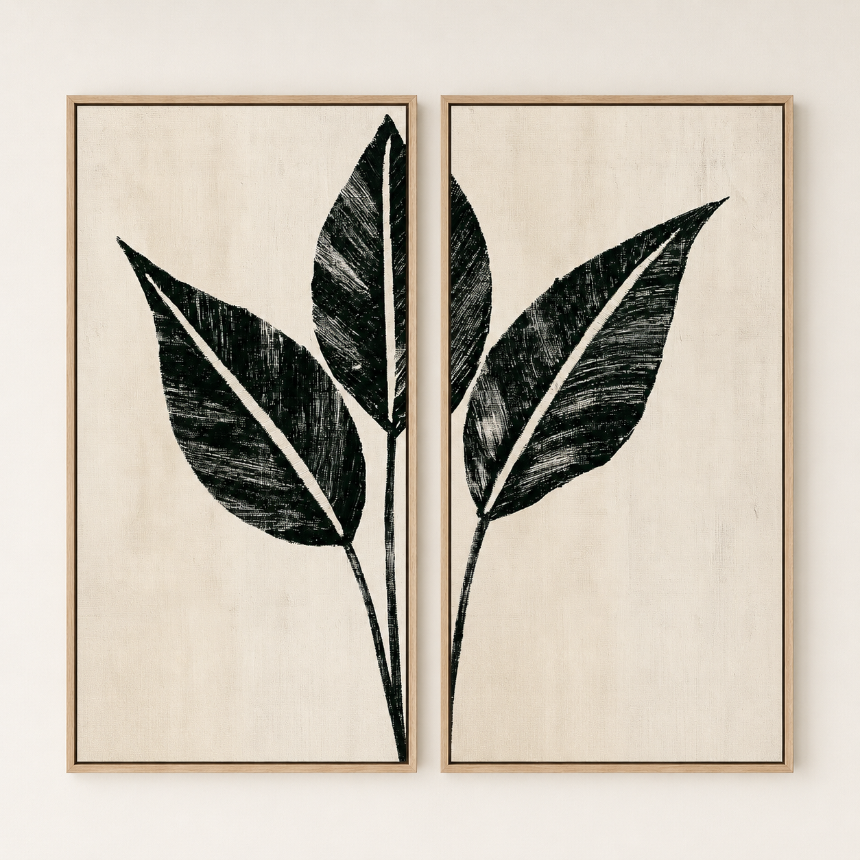 Palm leaf wall art two-panel diptych in bold black ink on cream canvas – Charcoal Grove by Rossetti Art