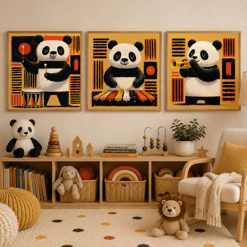 Panda Wall Art Nursery Canvas Print Set of 3 — Panda Band by Rossetti Art