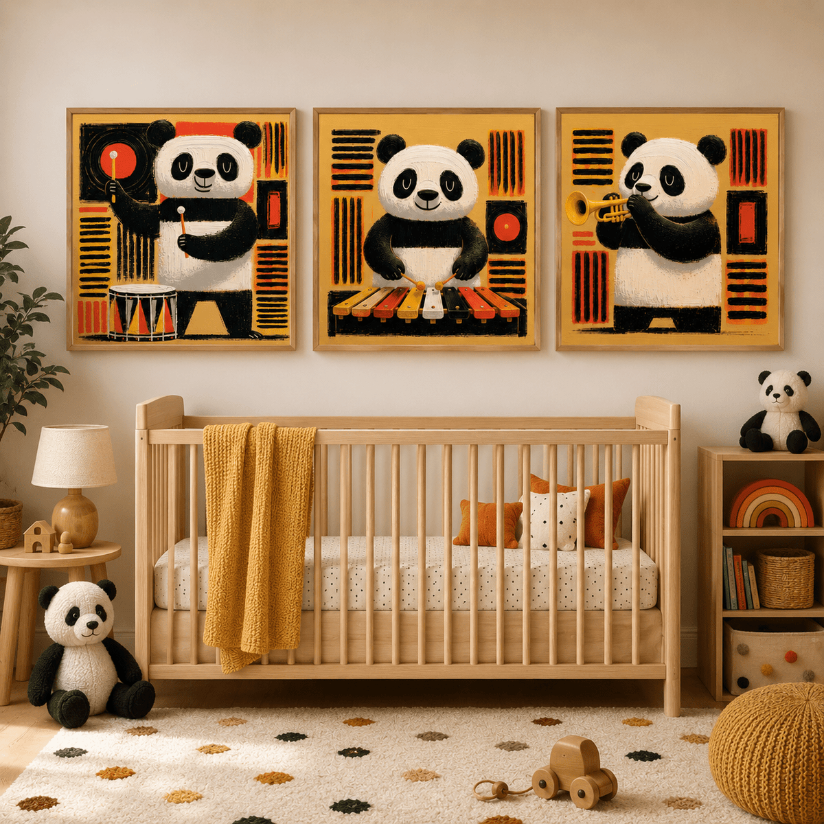 Panda Wall Art Nursery Canvas Print Set of 3 — Panda Band by Rossetti Art