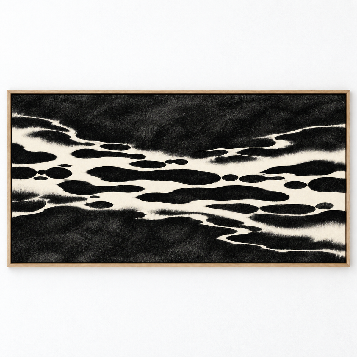 Panoramic Wall Art Canvas Print – Ink Current wide horizontal black and cream abstract by Rossetti Art