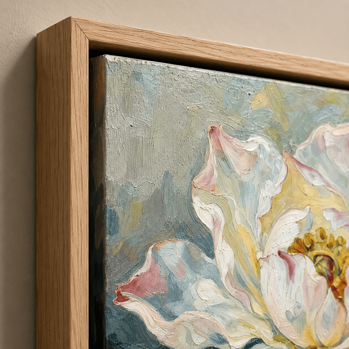 Close-up of impasto brushwork and frame detail – Peony painting Bloom in Bloom by Rossetti Art