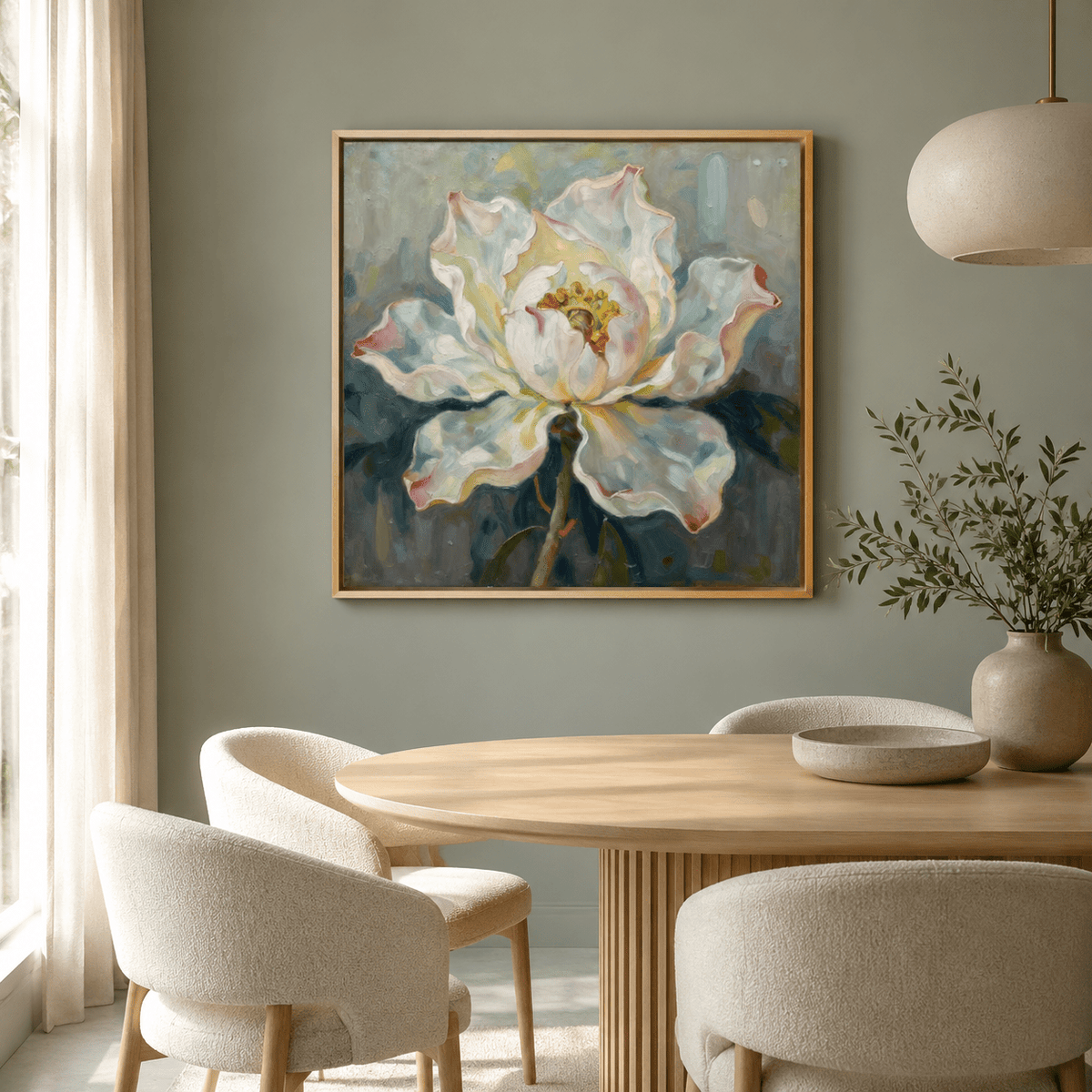 Peony painting canvas print in a dining room – Bloom in Bloom by Rossetti Art