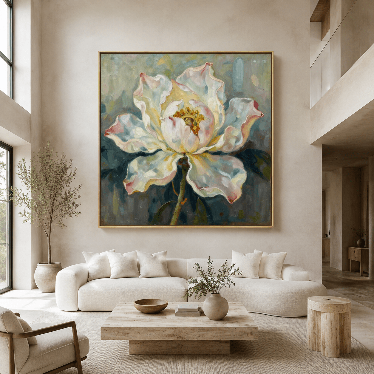 Peony painting in cream and blush pink displayed in a living room – Bloom in Bloom by Rossetti Art