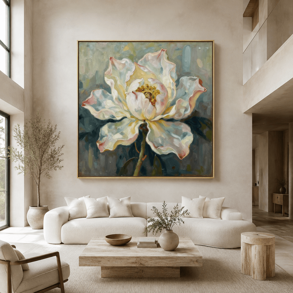 Peony painting in cream and blush pink displayed in a living room – Bloom in Bloom by Rossetti Art