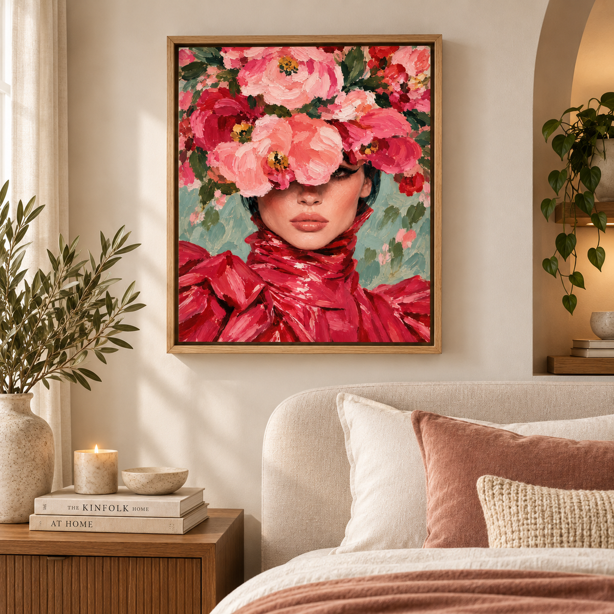 Peony wall art original painting hung above a bed in a warm bedroom by Rossetti Art