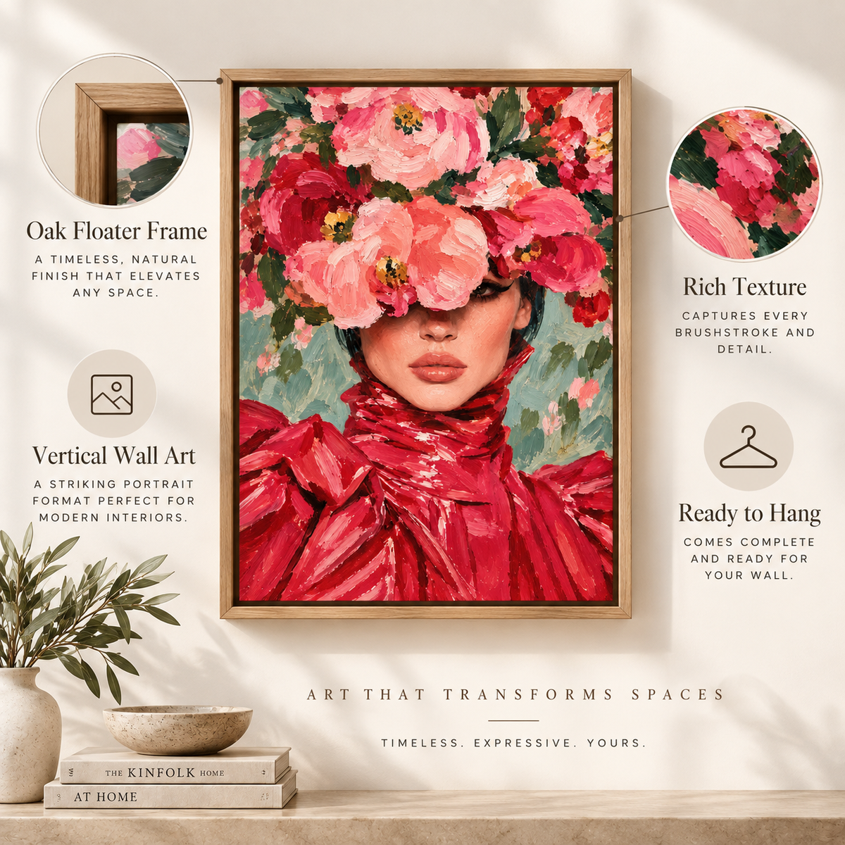 Peony wall art original painting styled above a sofa in a modern living room by Rossetti Art