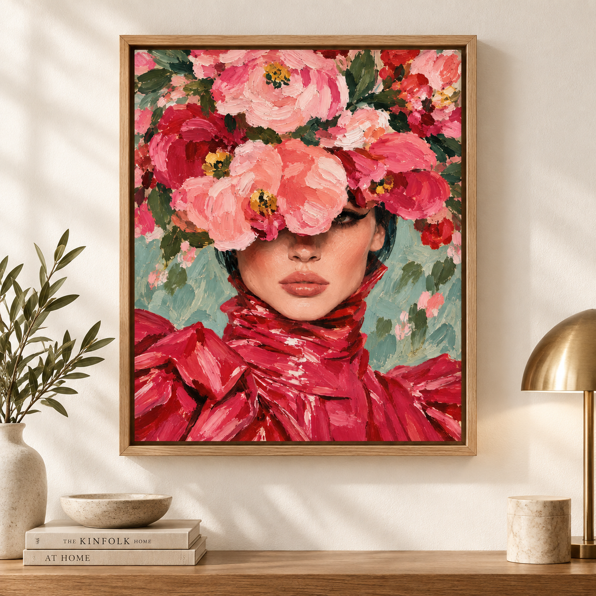 Peony wall art original painting styled in a modern interior by Rossetti Art