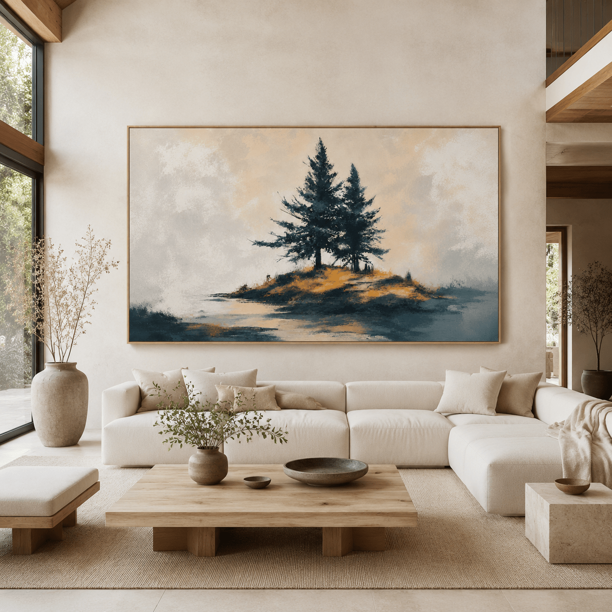 Pine tree wall art — Quiet Point framed canvas above a living room sofa
