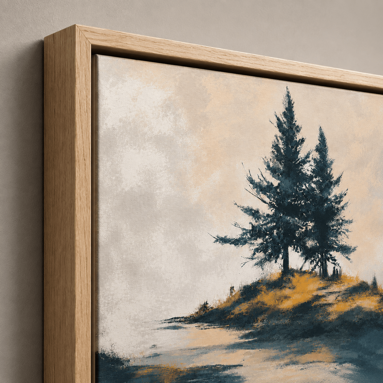 Close-up detail of Quiet Point pine tree wall art canvas with oak framed edge