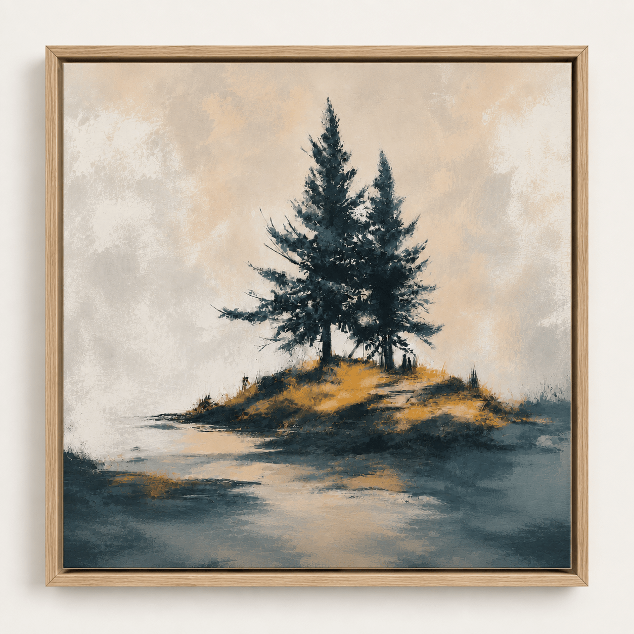 Pine tree wall art — Quiet Point framed canvas print in an oak floater frame