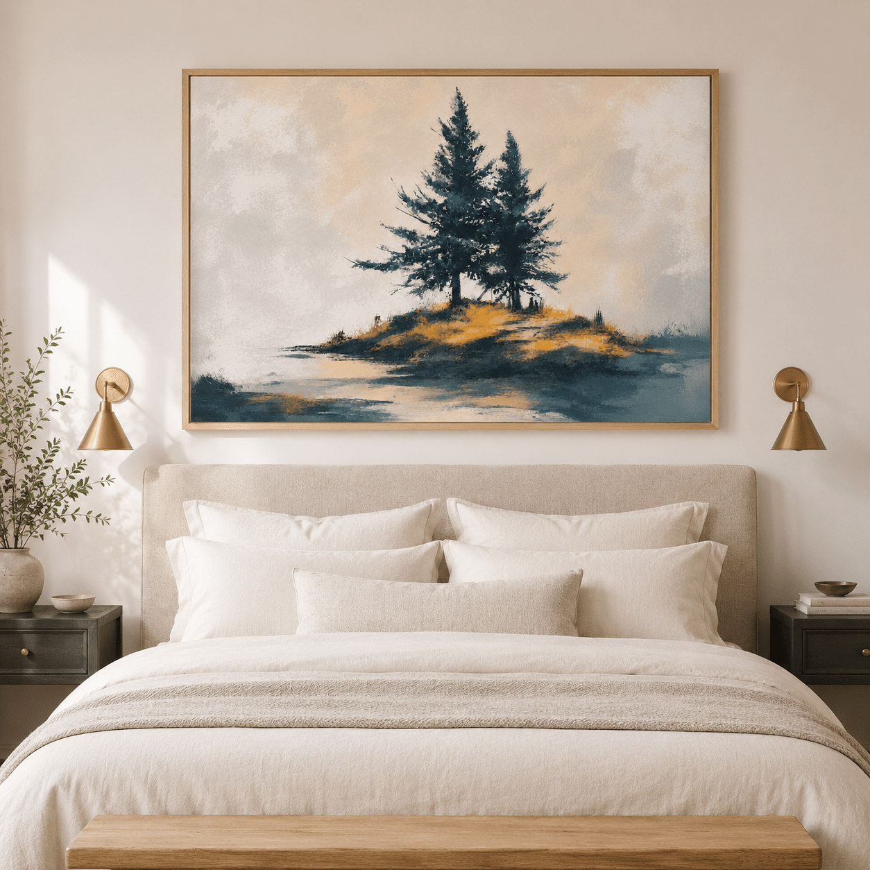 Pine tree wall art — Quiet Point framed canvas above a bedroom bed