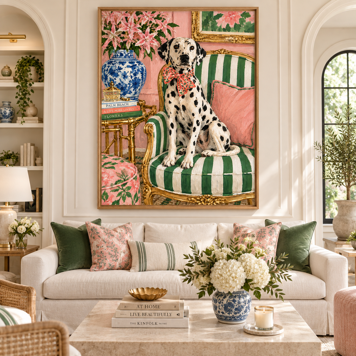 Pink and Green Wall Art – Palm Beach Pup Dalmatian canvas print above a sofa in a living room by Rossetti Art