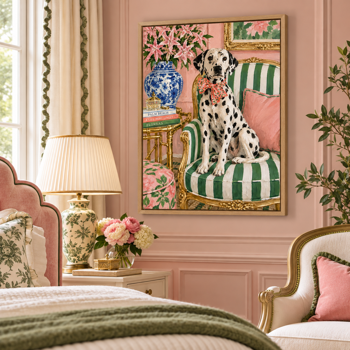 Pink and Green Wall Art – Palm Beach Pup canvas print in a pink bedroom by Rossetti Art