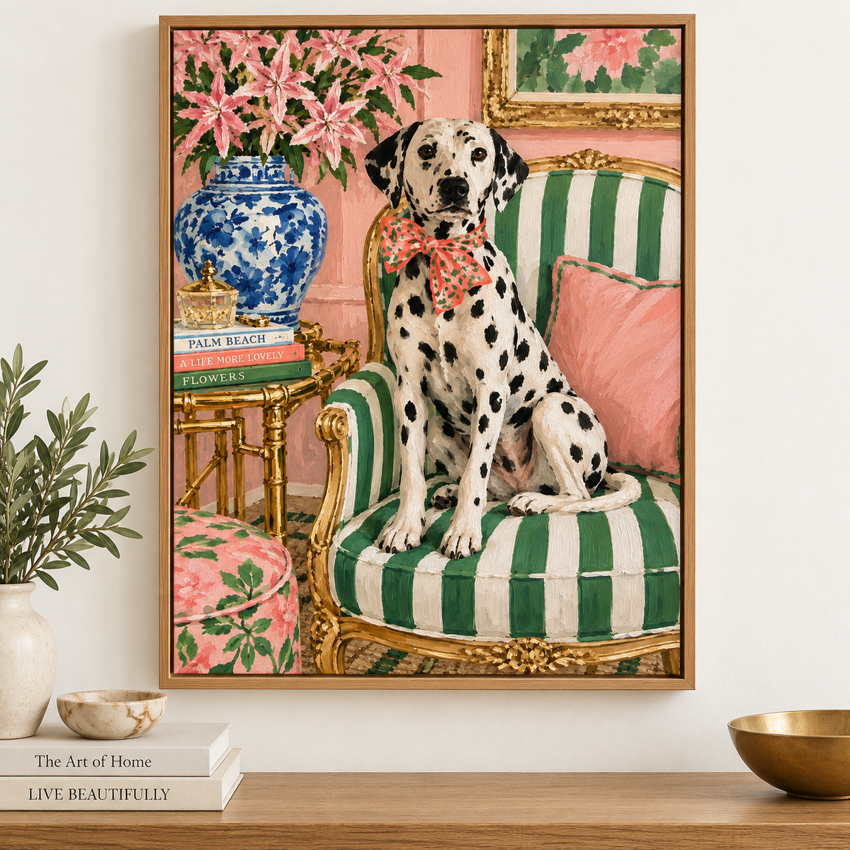 Pink and Green Wall Art – Palm Beach Pup framed canvas print above a console by Rossetti Art