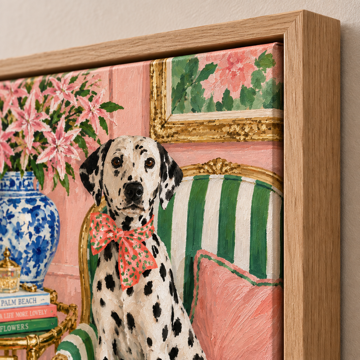 Pink and Green Wall Art – Palm Beach Pup close-up of the hardwood floater frame and brushwork texture by Rossetti Art