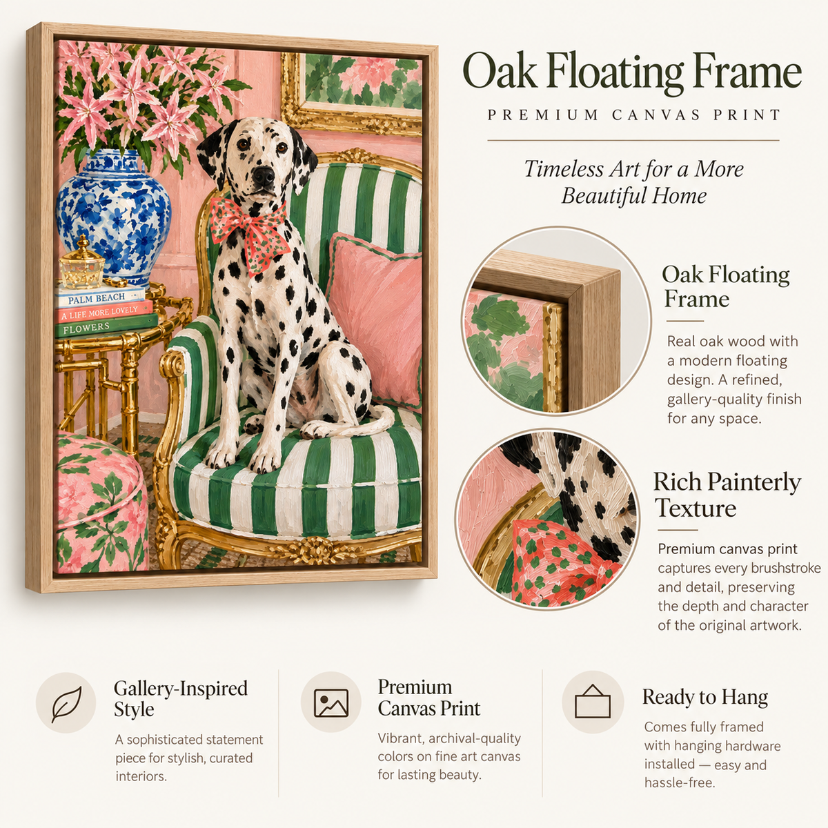 Pink and Green Wall Art – Palm Beach Pup framed canvas print features and frame detail by Rossetti Art