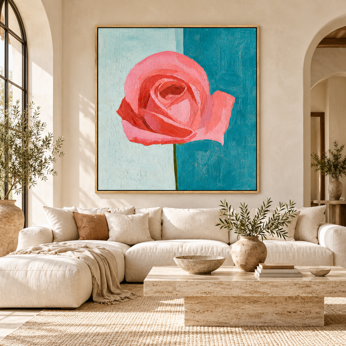 Pink flower wall art Coral Rose above a cream sofa in a living room – Rossetti Art