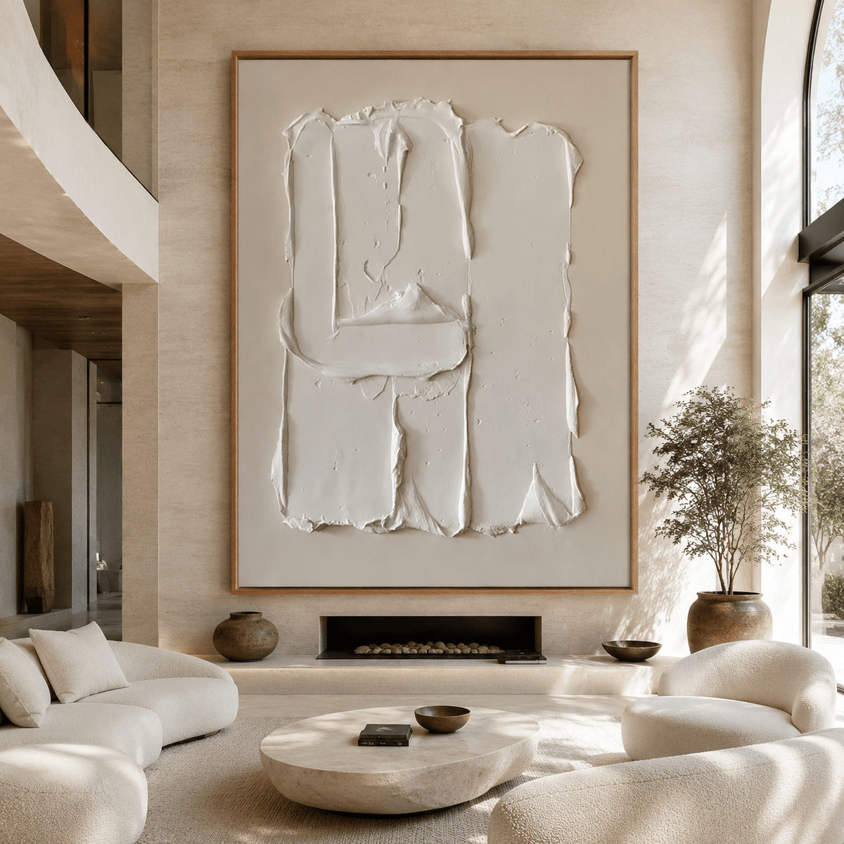 Plaster wall art as a large-scale statement piece above a fireplace in a sunlit living room – Hushed Fold by Rossetti Art