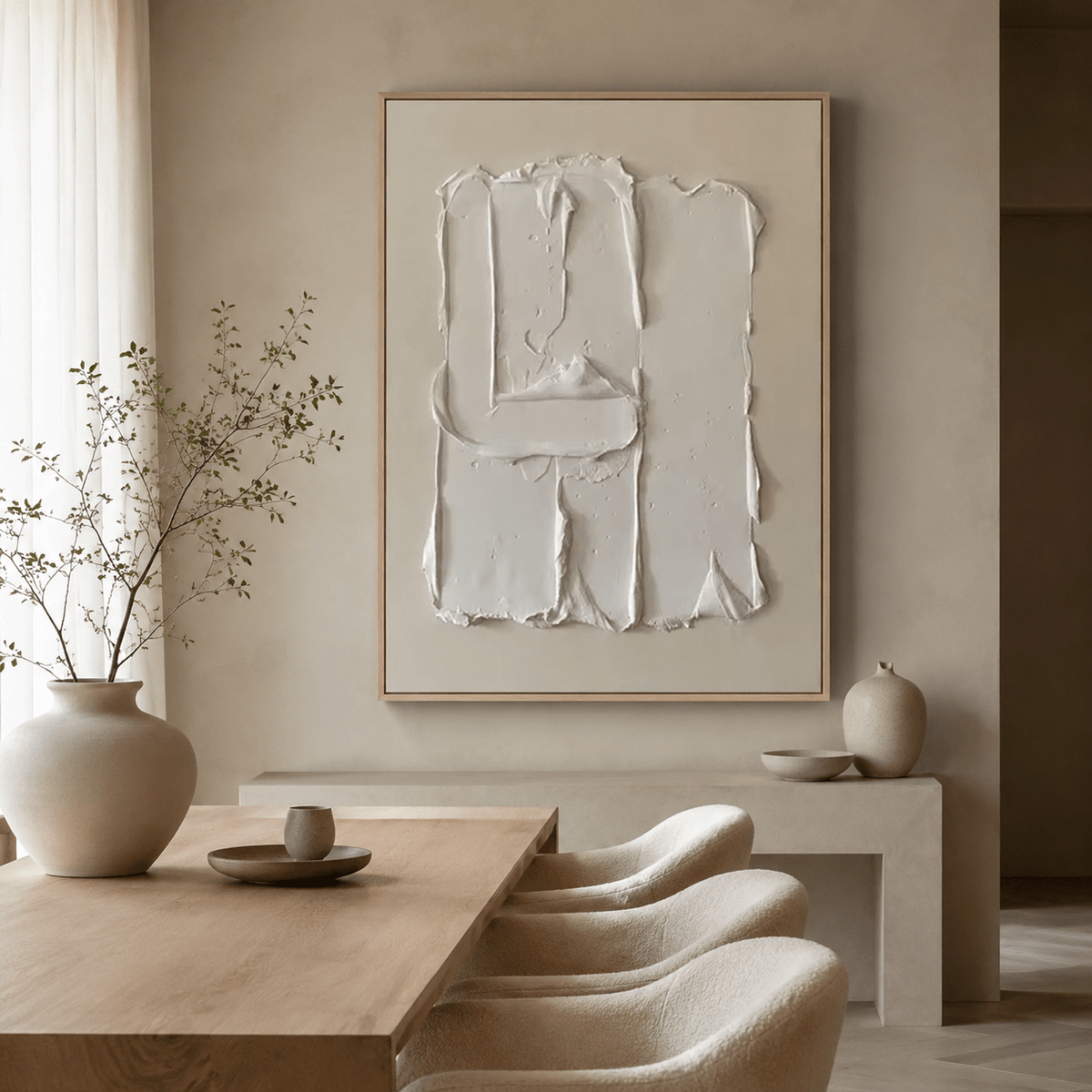 Plaster wall art hanging above a console table in a warm neutral dining room – Hushed Fold by Rossetti Art