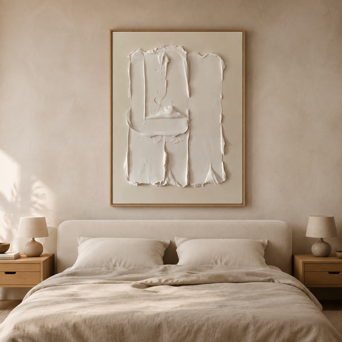 Plaster wall art above a bed in a warm-toned bedroom – Hushed Fold by Rossetti Art