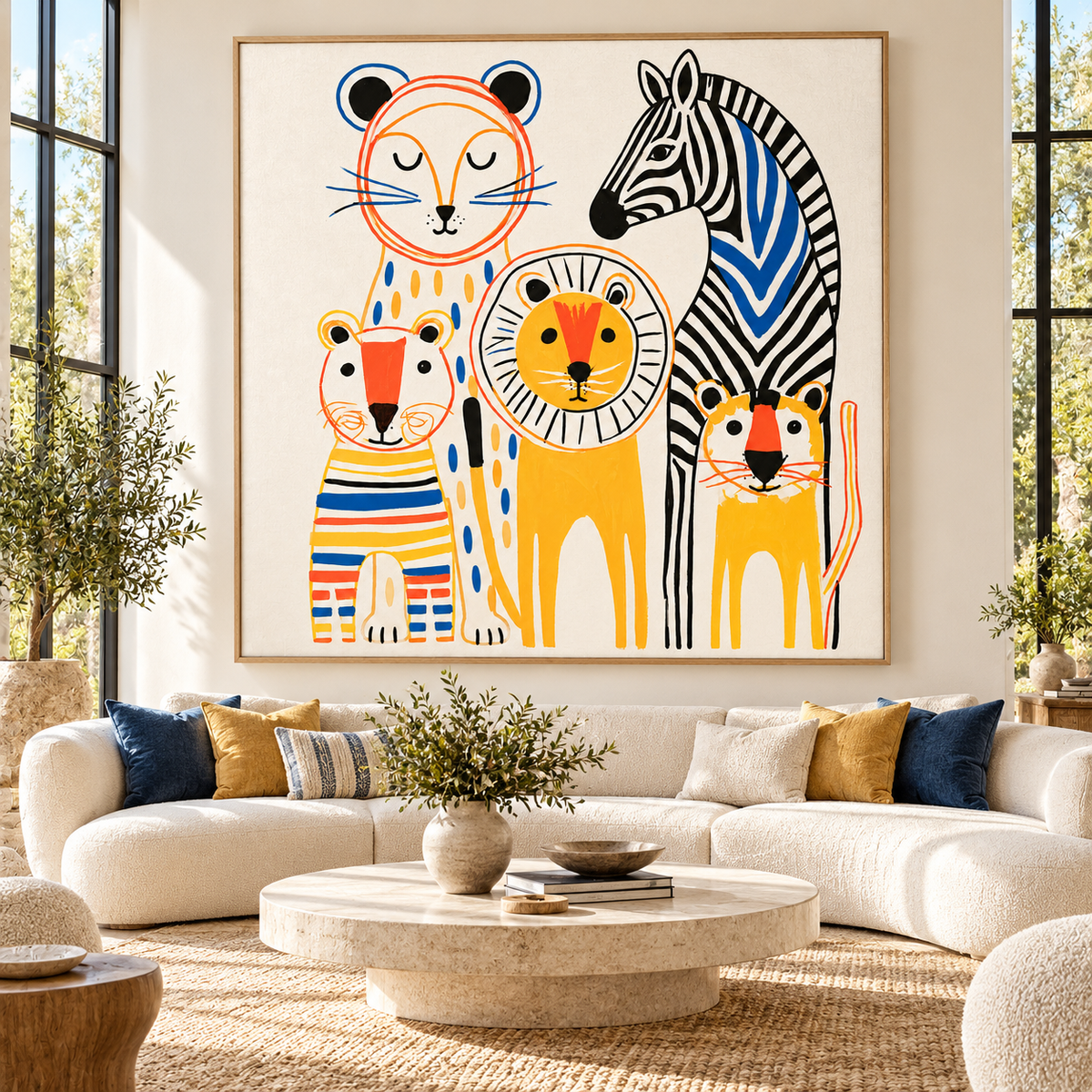 Playroom Wall Art – Safari Parade square canvas with a zebra, lion and cats above a cream sofa by Rossetti Art
