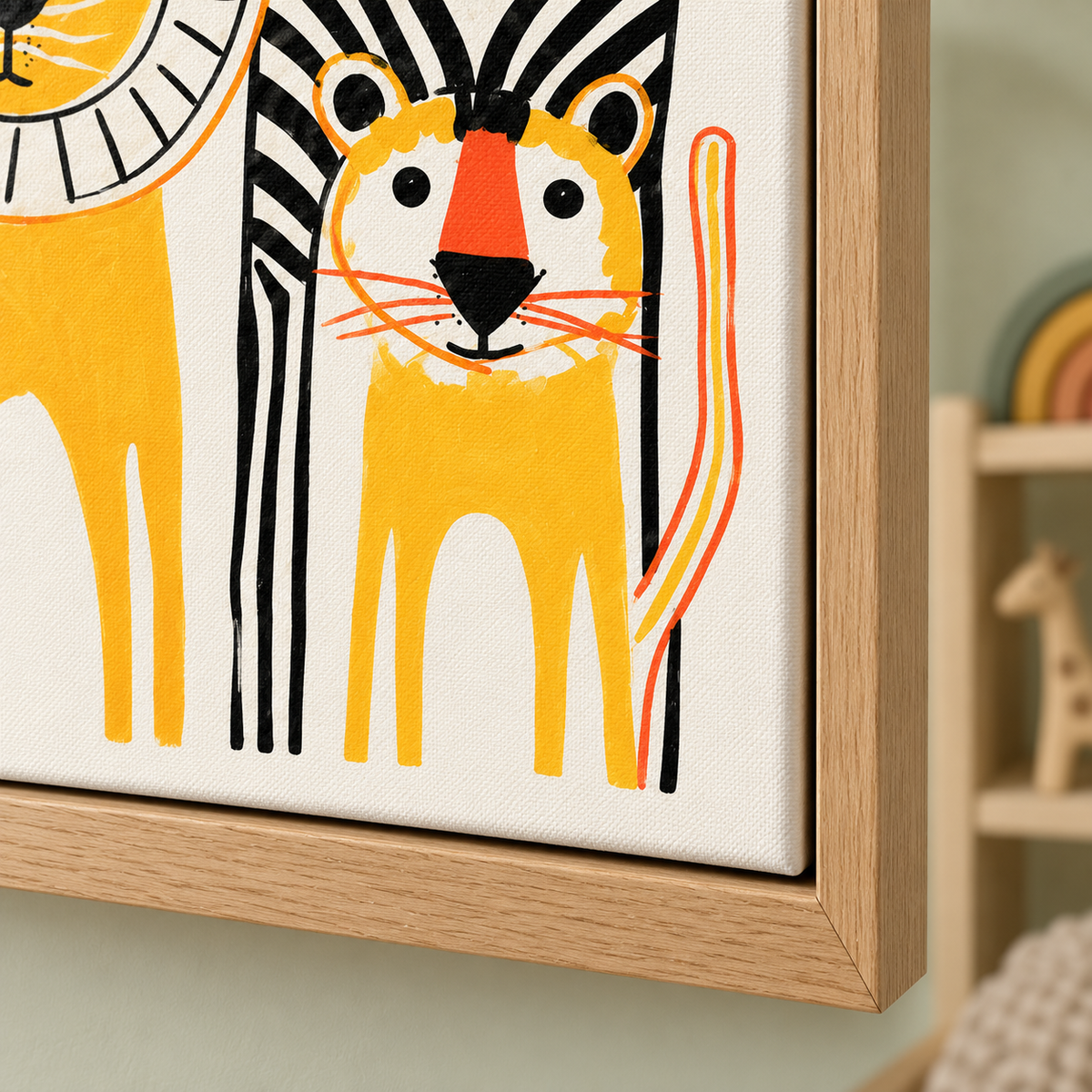 Playroom Wall Art – close-up of the little tiger cub and the canvas edge on the Safari Parade canvas by Rossetti Art