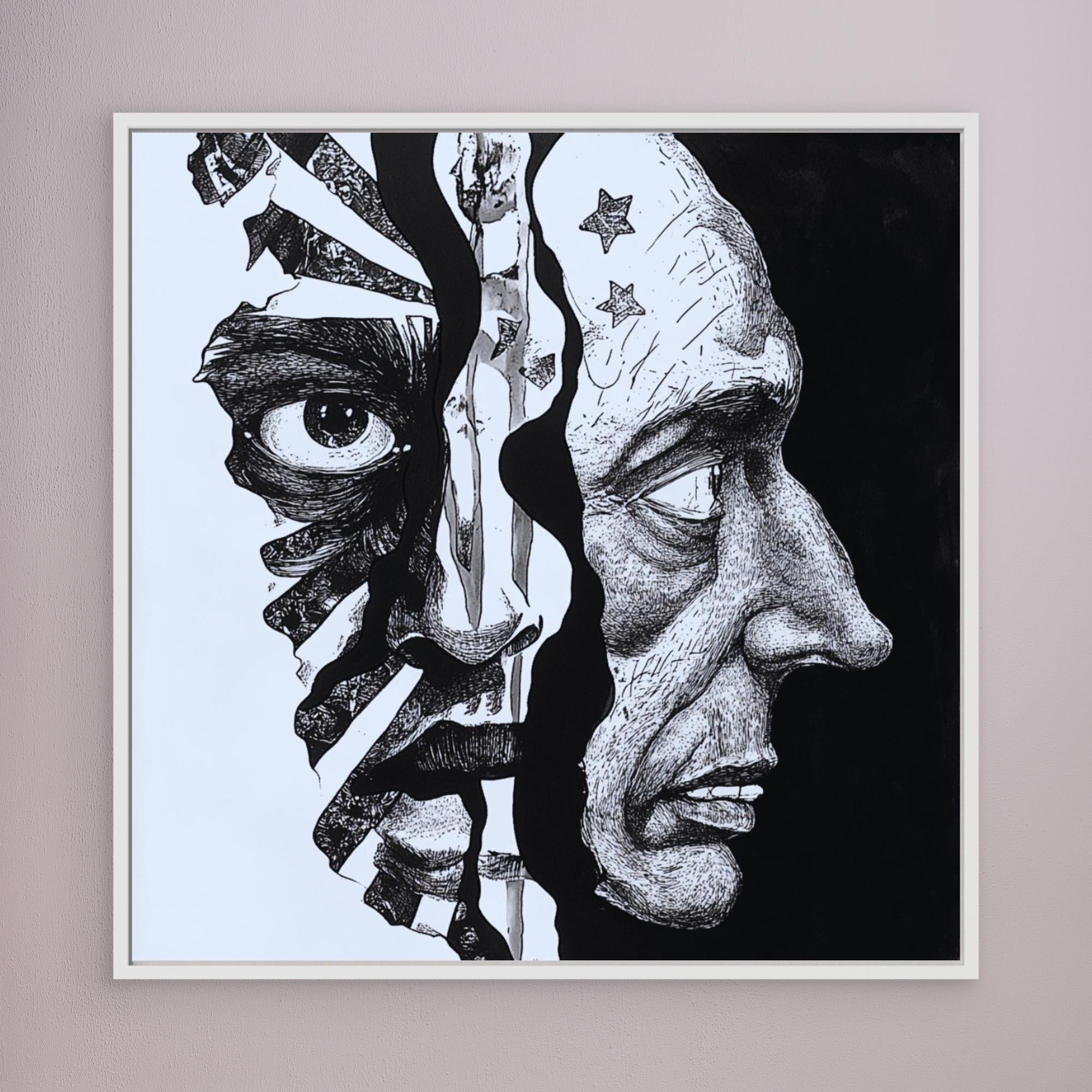 Faces Within - Dual Perspective Abstract Wall Art, Black and White Pen Drawing, Surreal Face Illustration Print, Modern Figurative Art for Home Decor