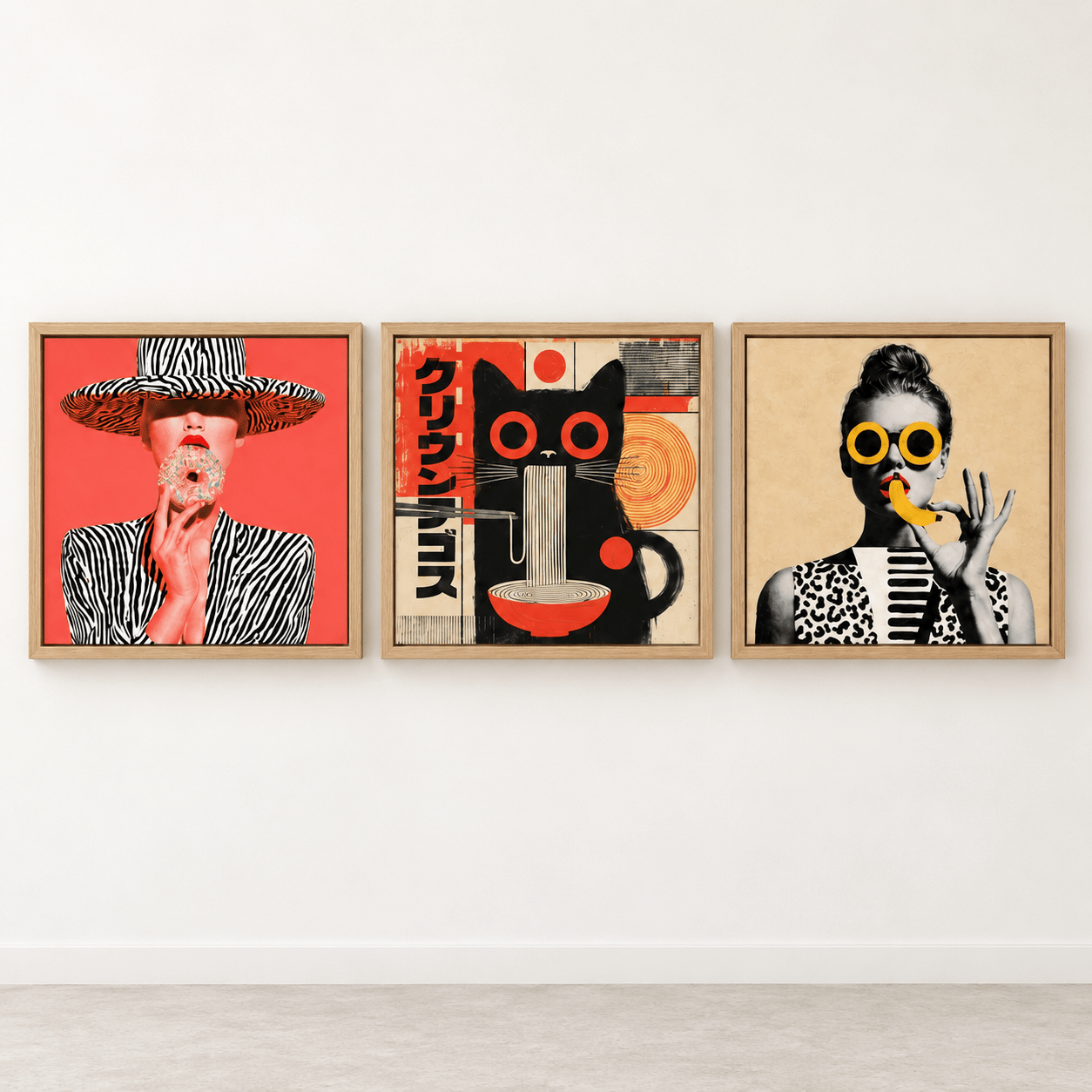 Pop art canvas art set on a white studio wall – Guilty Pleasures by Rossetti Art