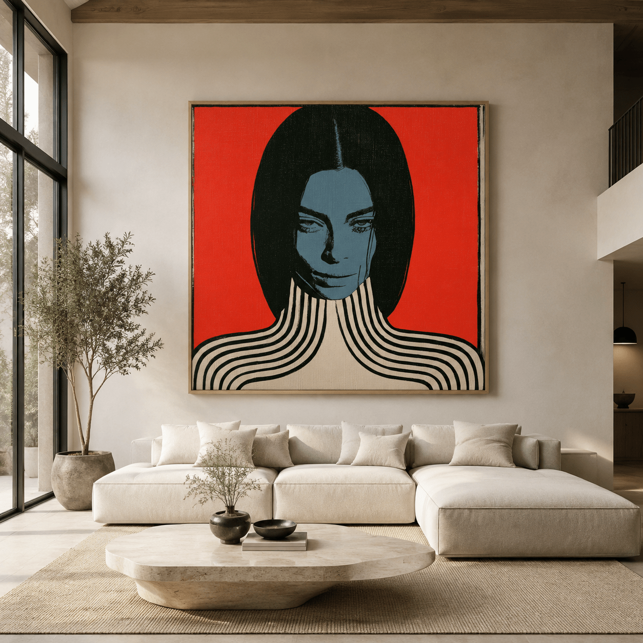Pop art illustration canvas print in crimson red and blue displayed above a sofa in a modern living room