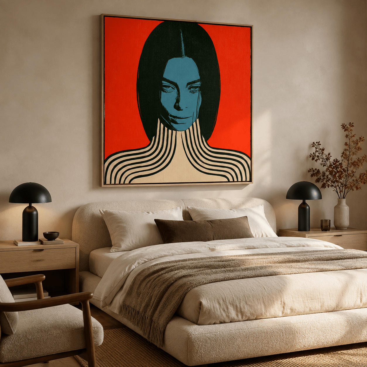 Pop art illustration canvas print displayed above a bed in a bedroom