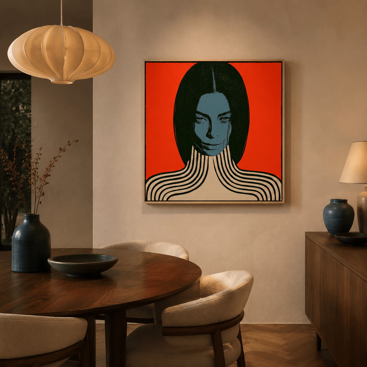 Pop art illustration canvas print hung on a dining room wall
