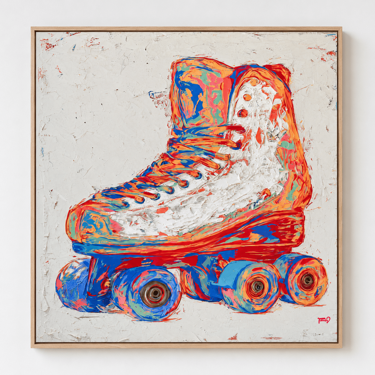 Pop Art Painting – Neon Wheels, a colorful roller skate original painting in an oak floater frame, by Rossetti Art