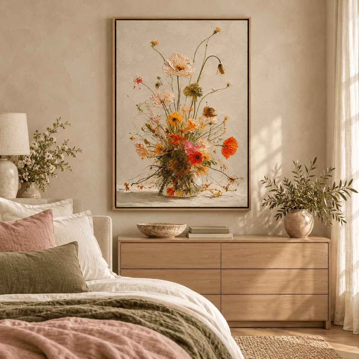 Poppy Painting — Golden Meadow hanging above a bed in a warm neutral bedroom