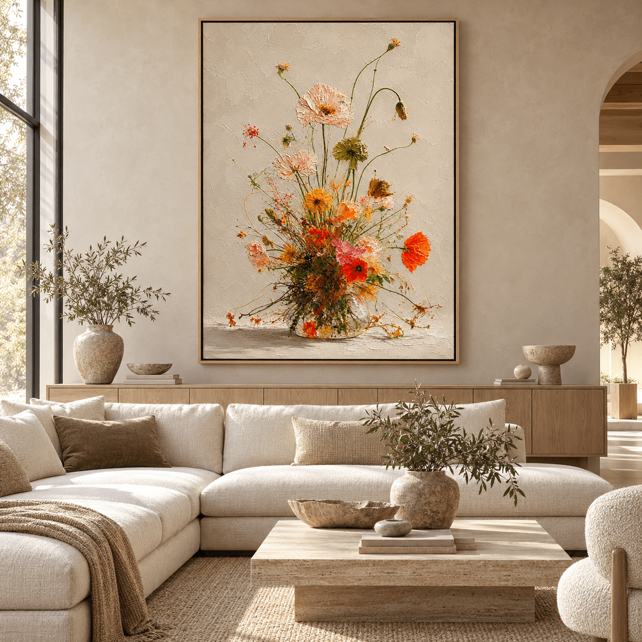Poppy Painting — Golden Meadow hanging above a cream sectional sofa in a minimalist living room