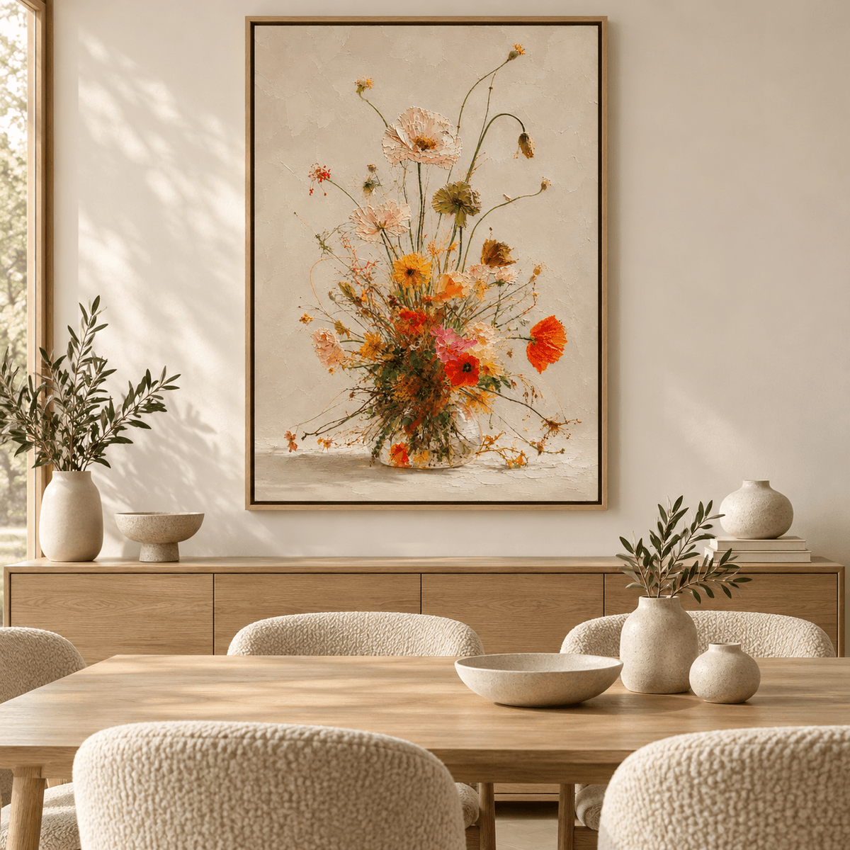 Poppy Painting — Golden Meadow hanging above a wood sideboard in a warm dining room