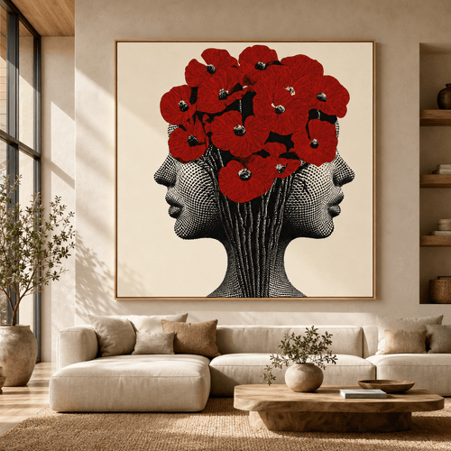 Oversized poppy wall art in an oak floater frame displayed in a modern living room