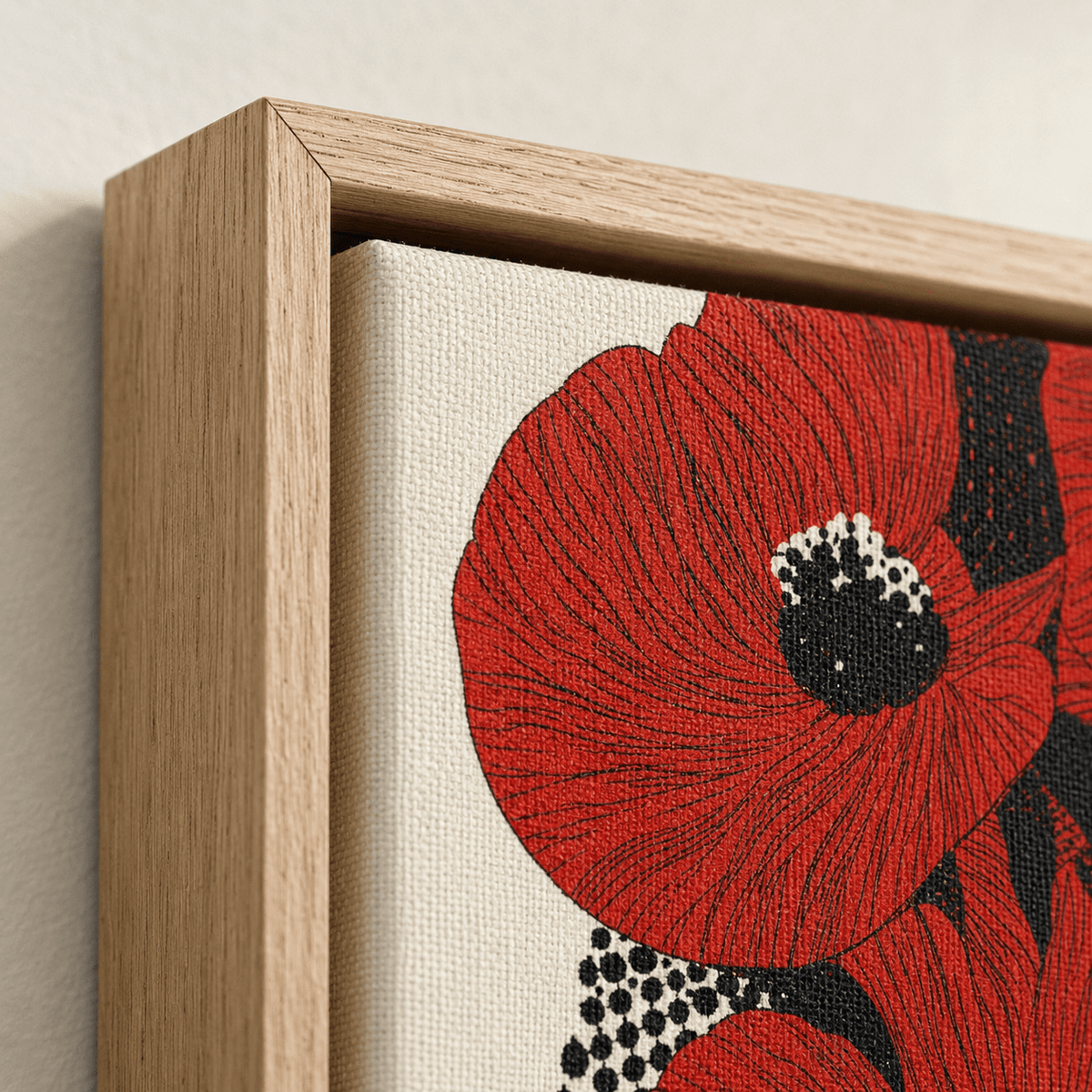 Close-up of poppy wall art showing the painted texture, red petals and oak floater frame
