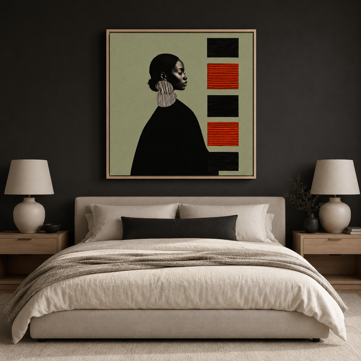 Quiet Cadence portrait collage art displayed above a bed in a moody bedroom