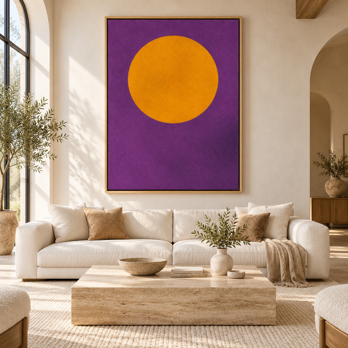 Purple wall art Amethyst Sun canvas with a golden amber circle on a plum field – Rossetti Art