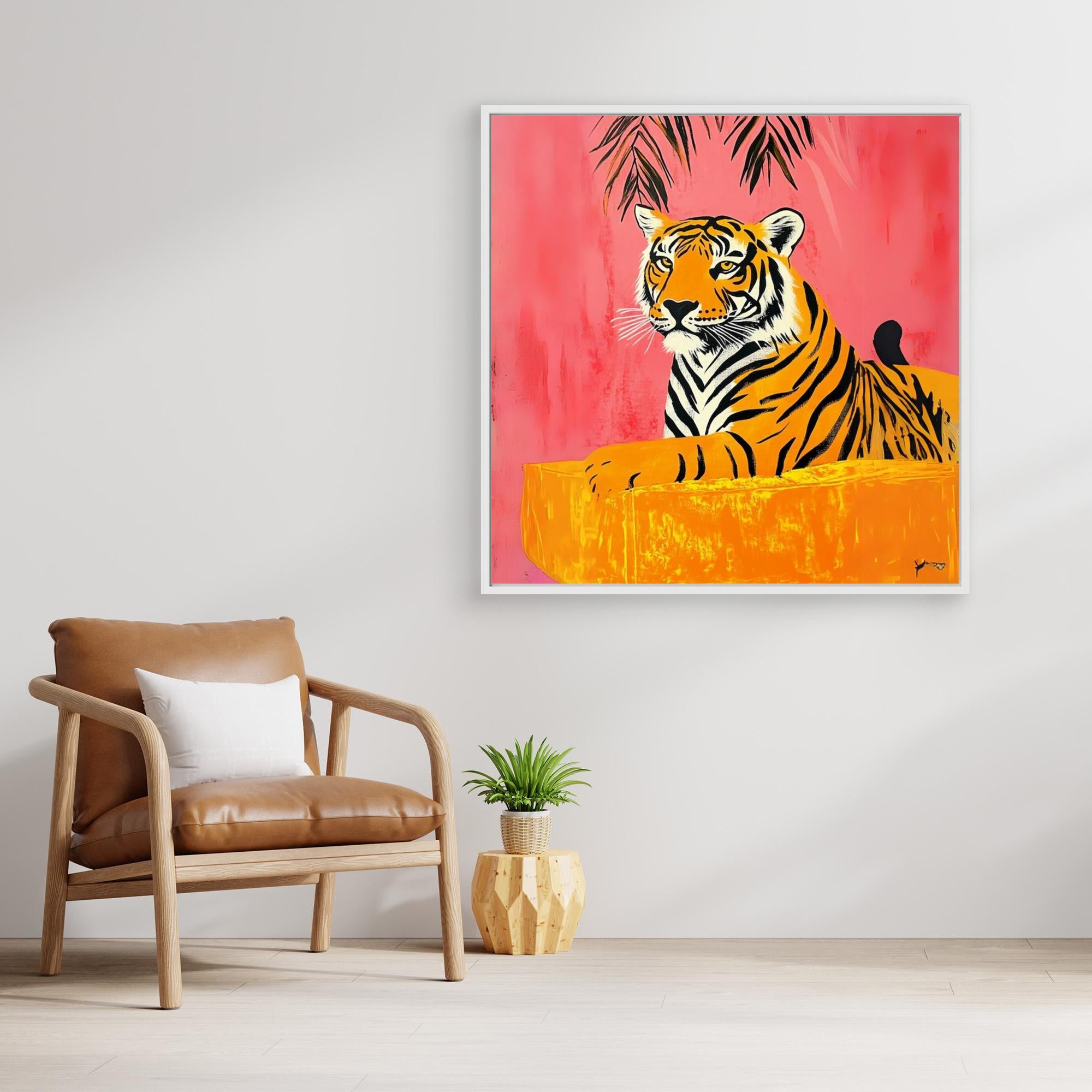 Majestic Tropics - Tiger Wall Art Print, Jungle Animal Painting with Tropical Pink Background, Vibrant Wildlife Decor, Modern Safari Wall Art