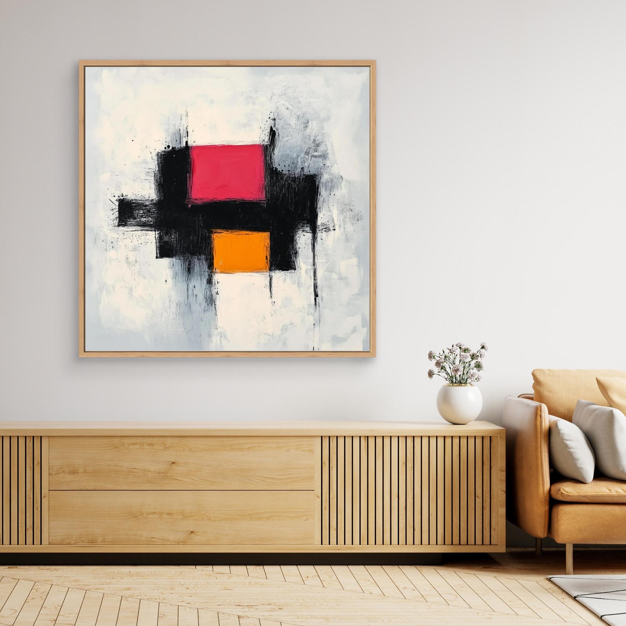 Dynamic Contrast - Print Wall Art - Abstract Wall Art With Pink And Orange Blocks, Modern Minimalist Canvas Print, Black And White Textured Painting For Contemporary Decor