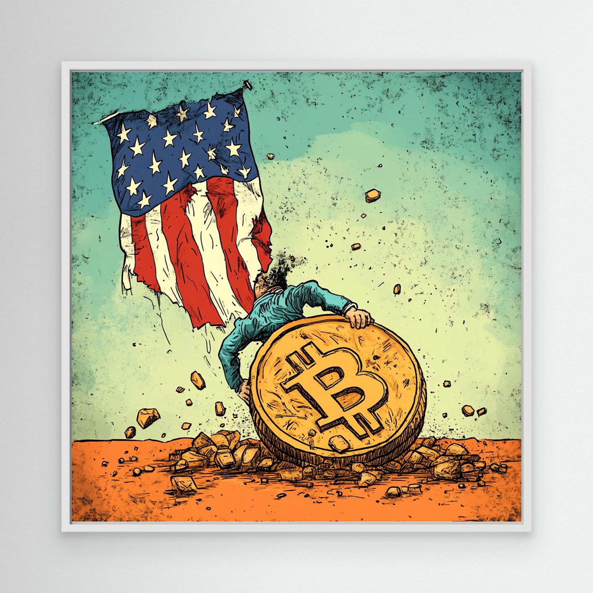 Canvas Print : Bitcoin vs. Tradition: Bold Political Satire Print Artwork