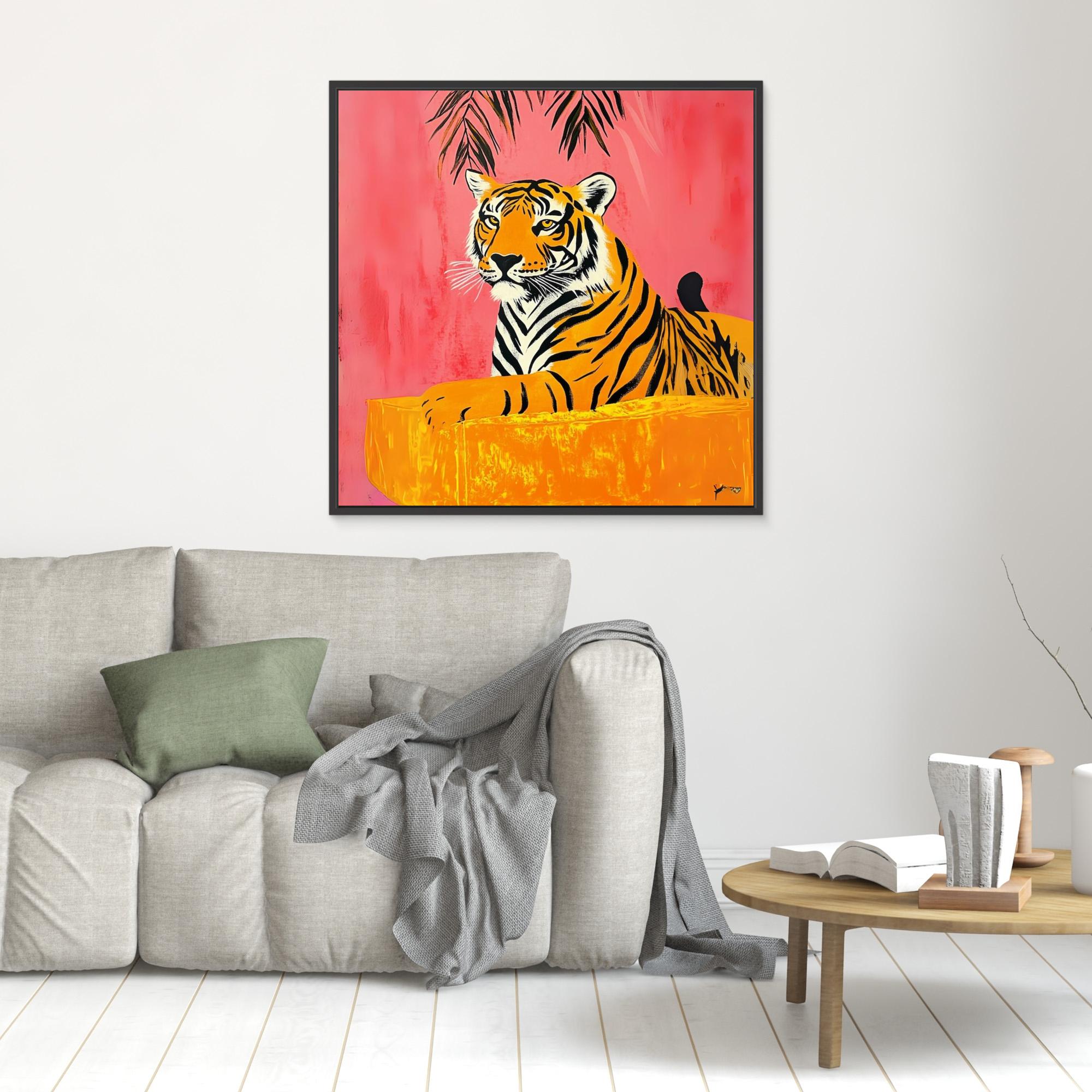 Majestic Tropics - Tiger Wall Art Print, Jungle Animal Painting with Tropical Pink Background, Vibrant Wildlife Decor, Modern Safari Wall Art