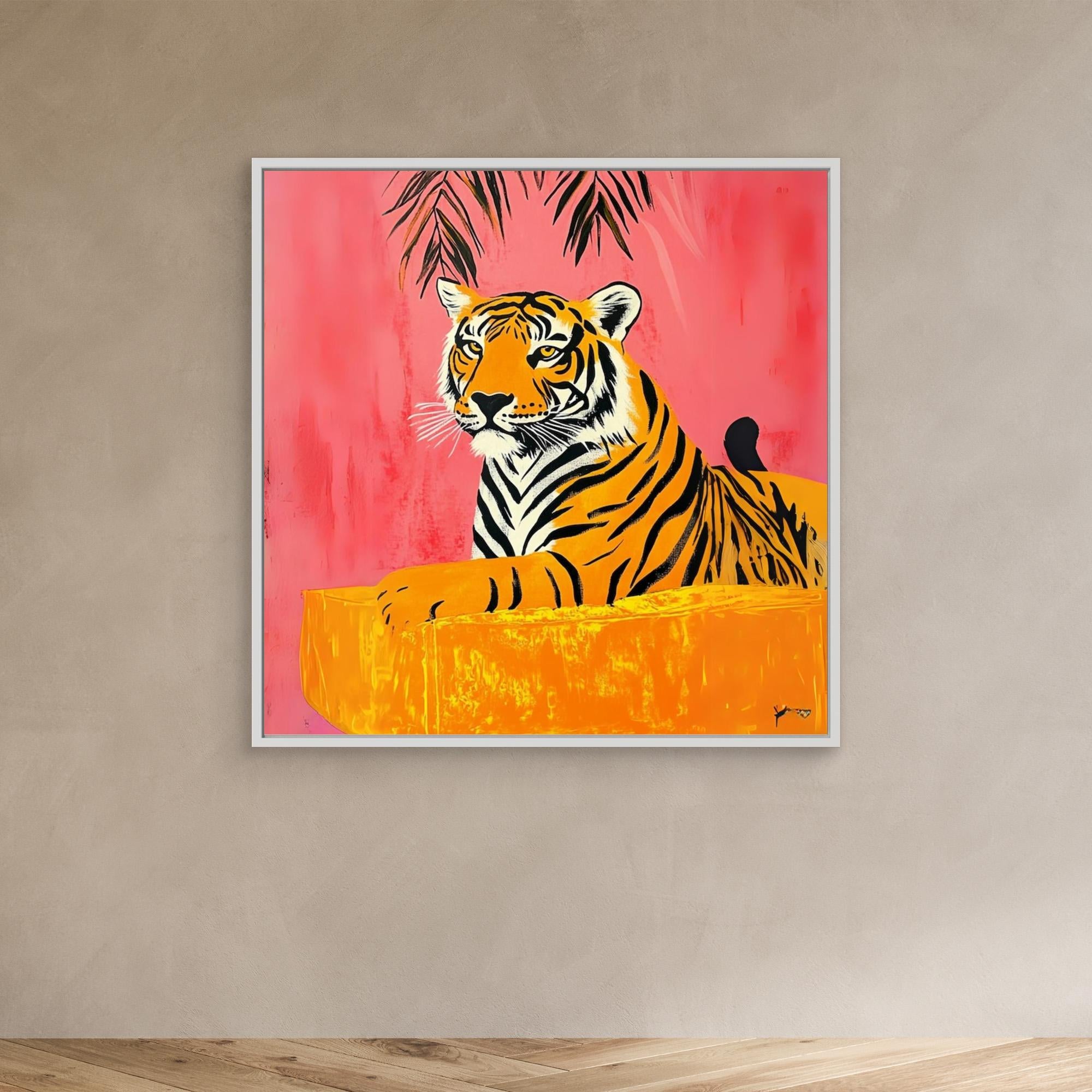 Majestic Tropics - Tiger Wall Art Print, Jungle Animal Painting with Tropical Pink Background, Vibrant Wildlife Decor, Modern Safari Wall Art