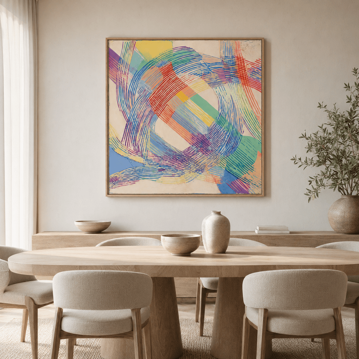 Rainbow abstract art canvas print above a dining room table – Prism Loop by Rossetti Art