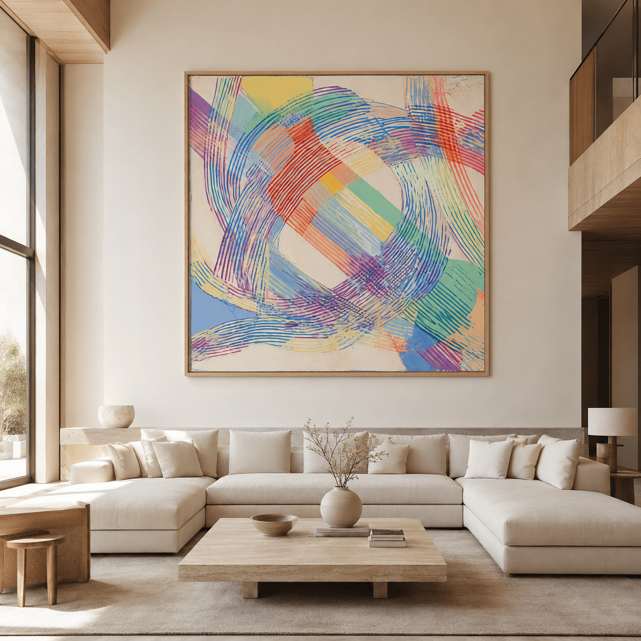 Rainbow abstract art canvas print in a modern living room – Prism Loop by Rossetti Art